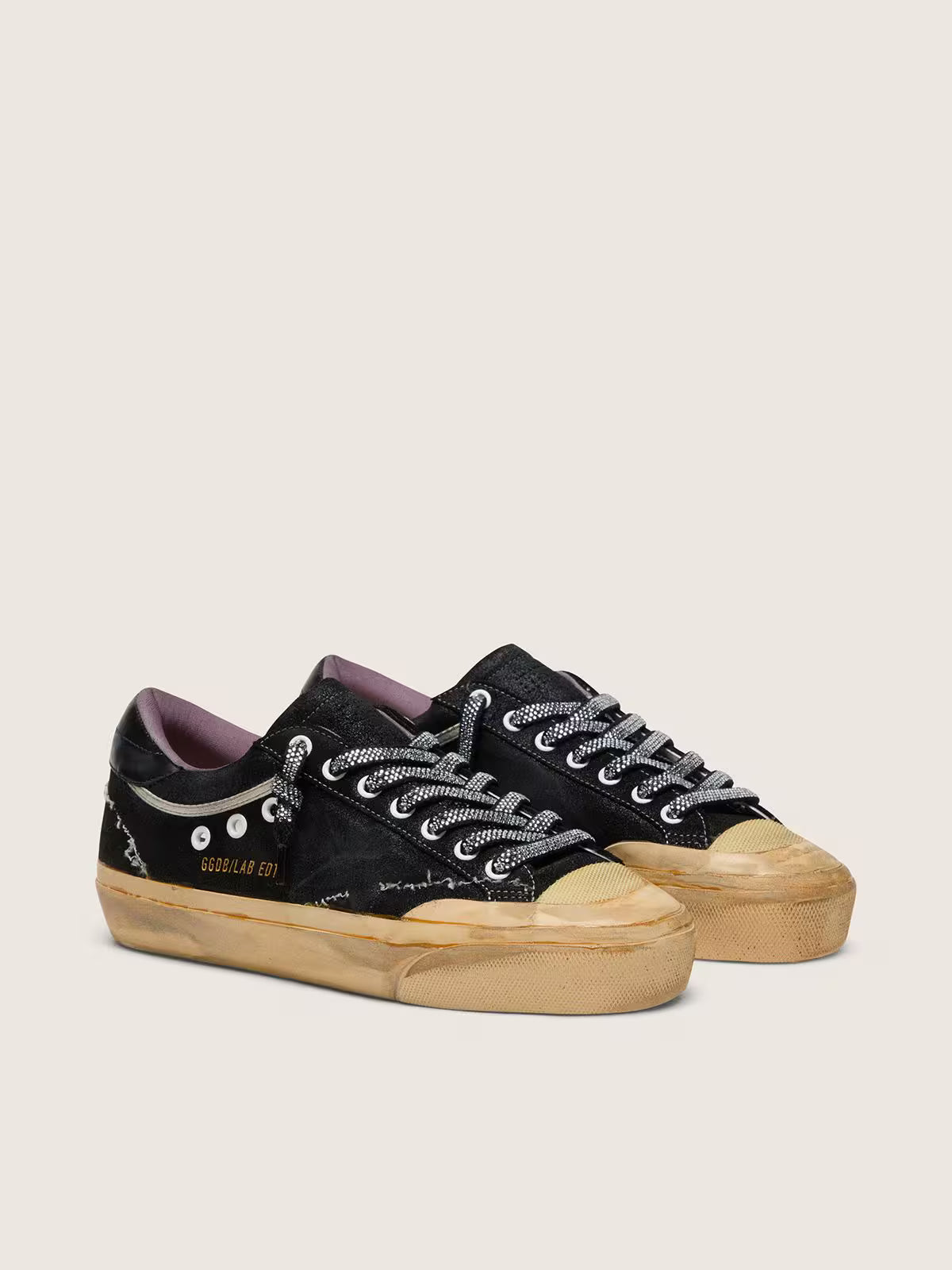 Super-Star LAB pour homme en cuir velours lamé noir et nylon avec étoile en relief et lacets avec cristaux